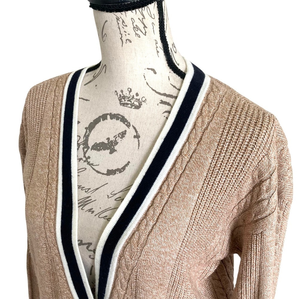 Talbots Cable Knit long Cardigan Sweater Size M Button down Cotton Preppy Tipped - Picture 12 of 17